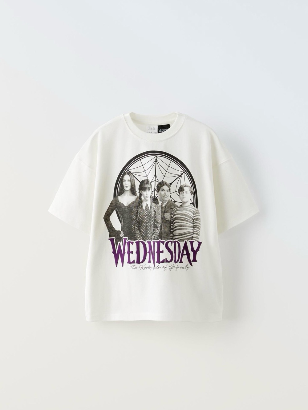 Zara White Tee with Purple 'Wednesday' Graphic